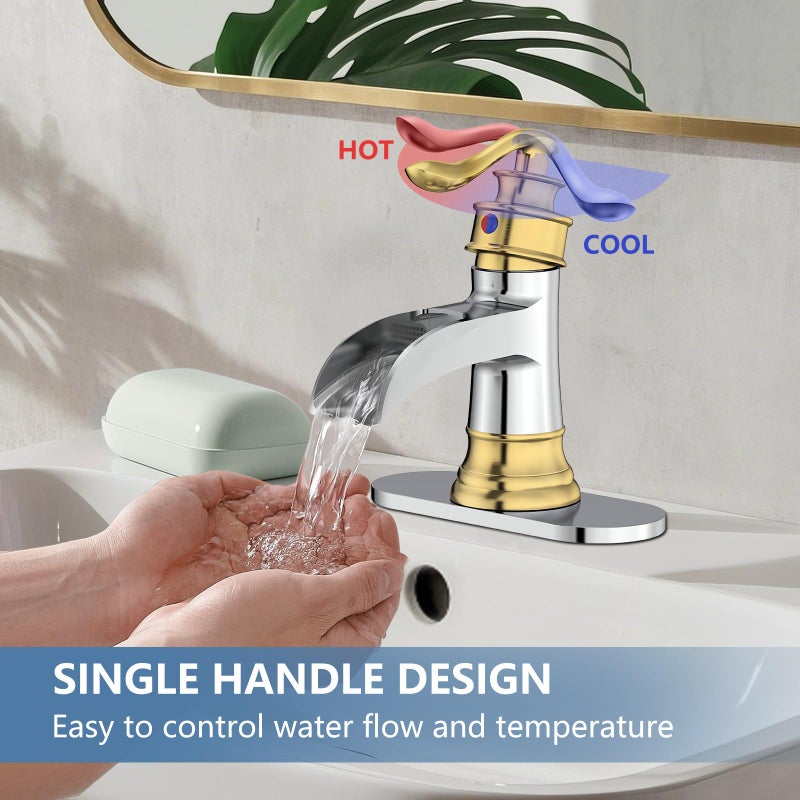 Homevacious Bathroom Faucet Waterfall Sink Faucets Bathroom Widespread Single Handle Chrome and Gold for 1 or 3 Holes Rustic Vanity Farmhouse with Pop-up Drain Deck Plate Hose - Image 5